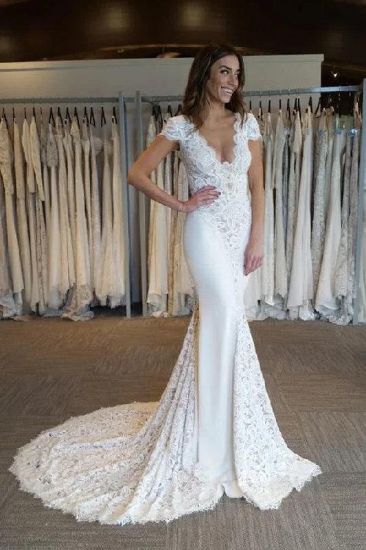 Price Reduction Luxury Short Sleeves Backless V Neck Mermaid Wedding Dresses Sweep Train
