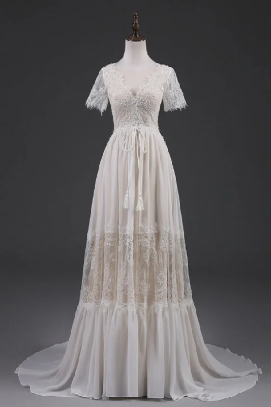 Buy Now Charming Short Sleeves V-neck Open Back Long Lace Beach Wedding Dresses
