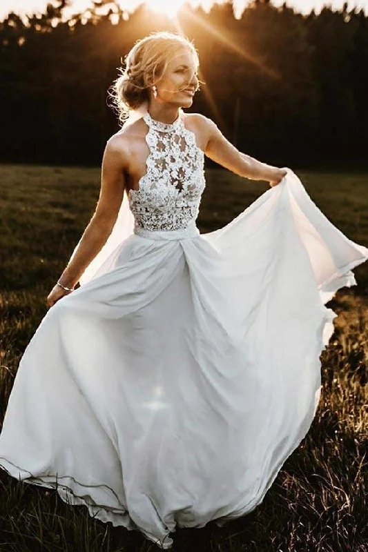 Markdowns Charming A Line Halter Sleeveless Chiffon Long Beach Wedding Dresses