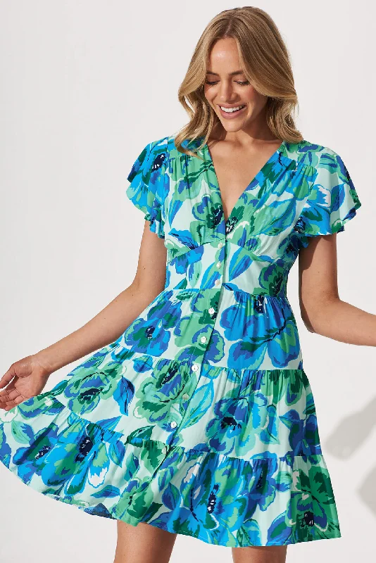 Big Savings Lovina Dress In Blue With Green Floral