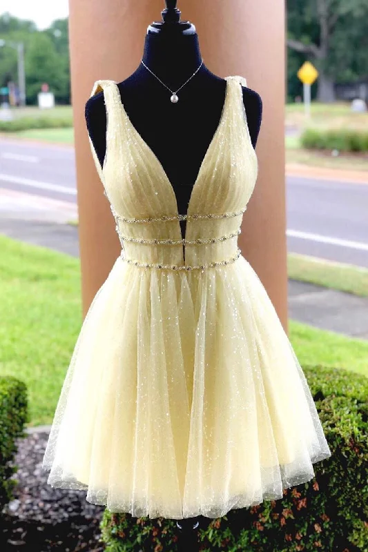 Early Access Yellow Sparkly Beading Short Prom Dresses Sequins Homecoming Dresses