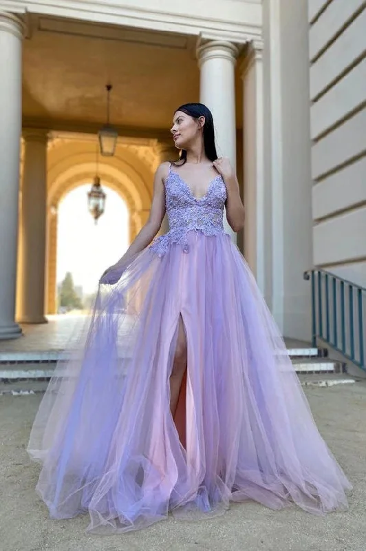 Online Exclusive Lilac V-Neck Split Tulle Appliques Charming A-Line Prom Dresses