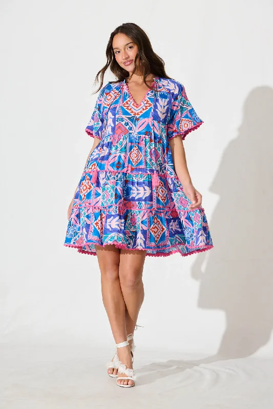 YEAR-End Sale Rodine Smock Dress in Pink and Blue Multi with Contrast trim