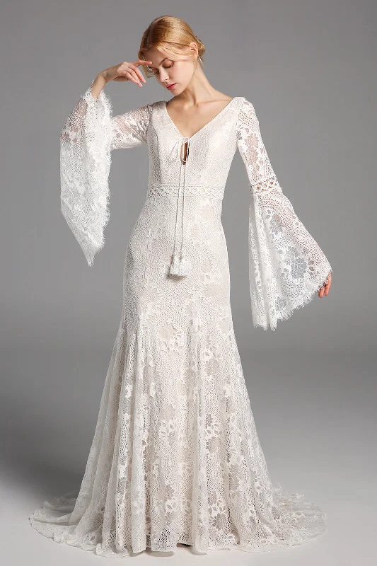 Act Now Chic Elegant Boho Lace Long Beach Wedding Dresses With Sleeves