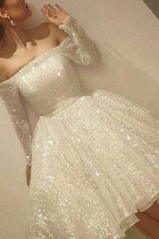 Huge Discounts Stunning Sequins Off the Shoulder Long Sleeves Prom Dresses