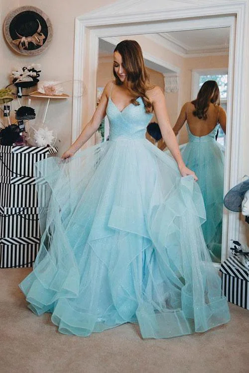 Discount Deals Blue Ruffles Backless Party Dresses Spaghetti Straps Tulle Prom Dresses Discount Deals Blue Ruffles Backless Party Dresses Spaghetti Straps Tulle Prom Dresses