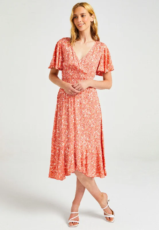 Great Deals Flutter Sleeves Midi Dress With Elasticated Waist & Asymmetrical Hem