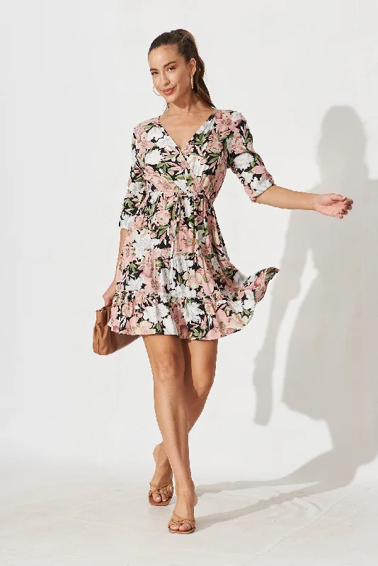 Last Chance Chara Mock Wrap Dress In Black With Grey Floral