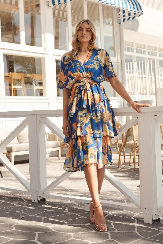 Super Sale Mindy Midi Dress In Cobalt Blue With Apricot Floral Chiffon