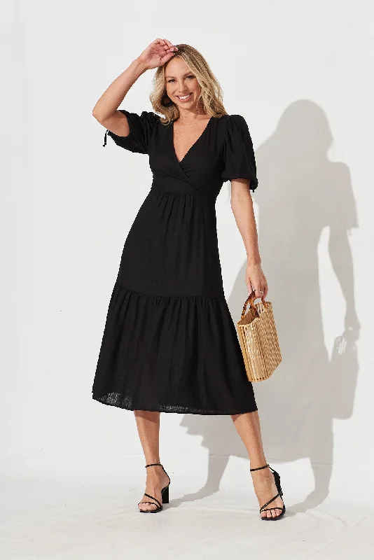 Crazy Deals Heather Midi Dress In Black Linen Blend
