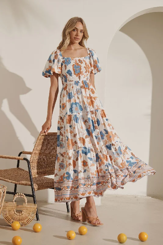 Don’t Miss Out Sea Bay Maxi Dress In White With Rust Boho Floral