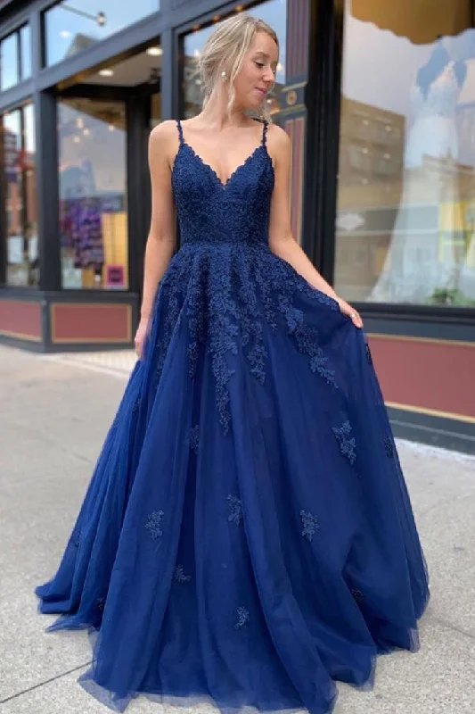 Overstock Dark Blue Sleeveless A Line Lace Tulle Long Prom Dresses