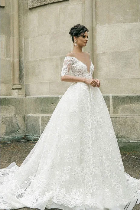 Hurry In Half Sleeves Sheer Deep V-neck Lace Applique Ball Gown Illusion Back Wedding Dresses