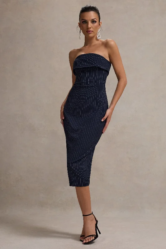 Bonus Savings Highway | Navy Pinstripe Strapless Midi Dress