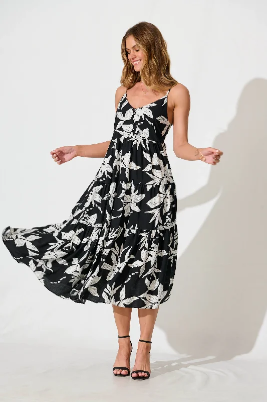 Super Deal Sherwick Midi Sundress in Black with White Flower