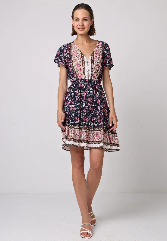 Final Clearance V-neck Summer Mini Dress In Navy Boho Print