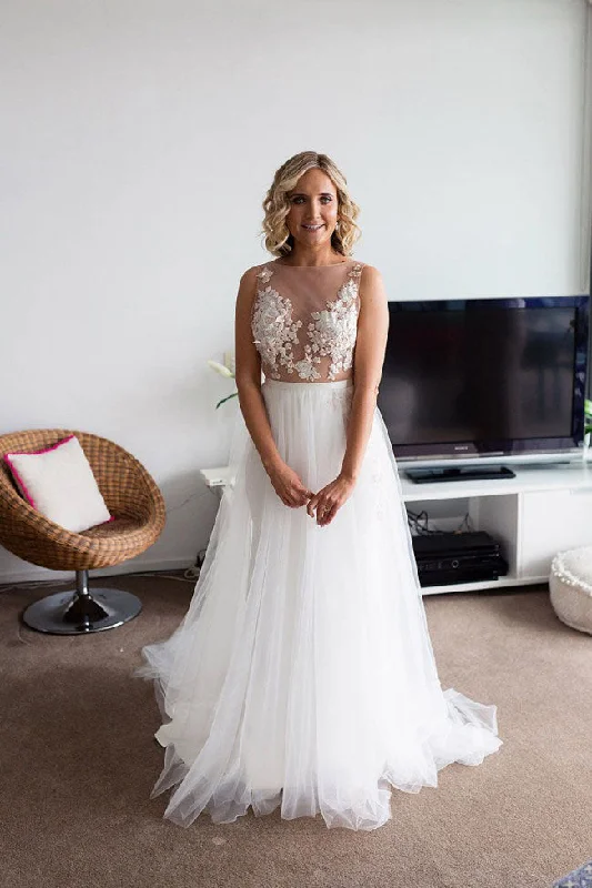 Discount Mania Elegant A Line Sleeveless Tulle Wedding Dresses Long Bridal Gown