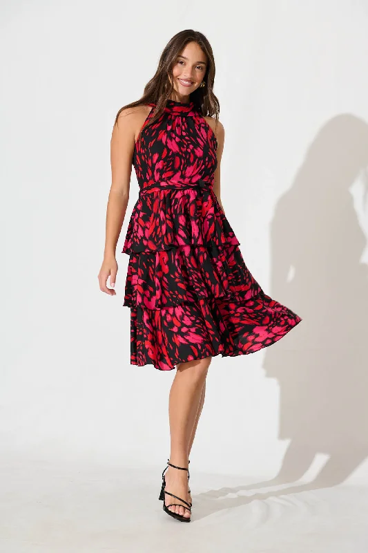 Online Exclusive Mariabella Halter Neck Midi Dress in Black with Hot Pink