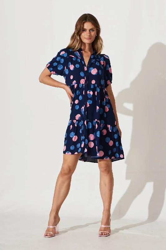 Clearance Sale Felicia Shirt Dress In Navy With Pink And Blue Spot
