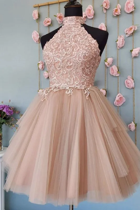 Special Discount Cute Open Back Tulle Lace Short Prom Dresses Homecoming Dresses