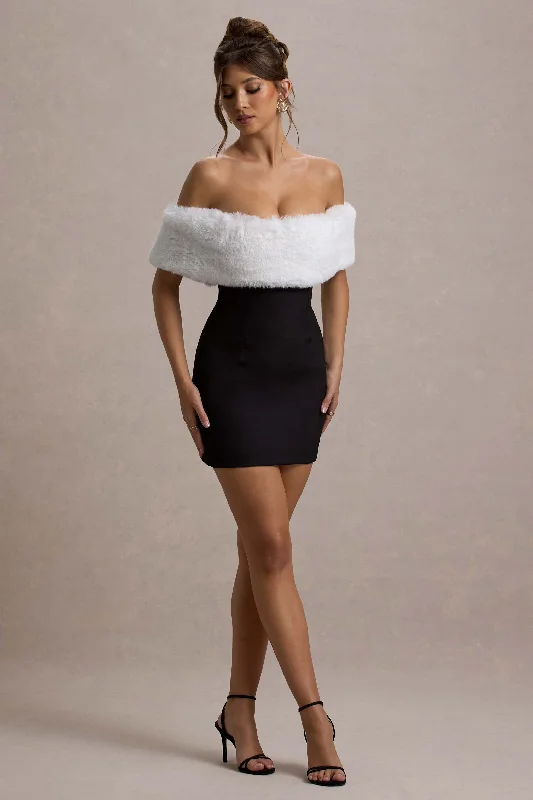 Today's Special Little Luxe | Black Bardot Mini Dress With White Fur Trim