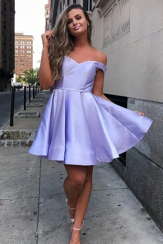 Blowout Sale Simple Short Prom Dresses A-Line Satin Off-Shoulder Homecoming Dresses Blowout Sale Simple Short Prom Dresses A-Line Satin Off-Shoulder Homecoming Dresses