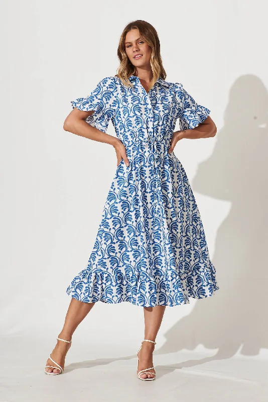 Today Only Aiken Midi Dress In Blue With White Print Cotton