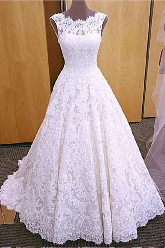 Act Fast Chic Round Neck Open Back A Line Sleeveless Lace Appliques Wedding Dresses