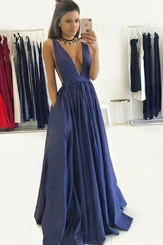 Must-Have Deals Simple Deep V-Neck Open Back Long Blue Prom Dresses