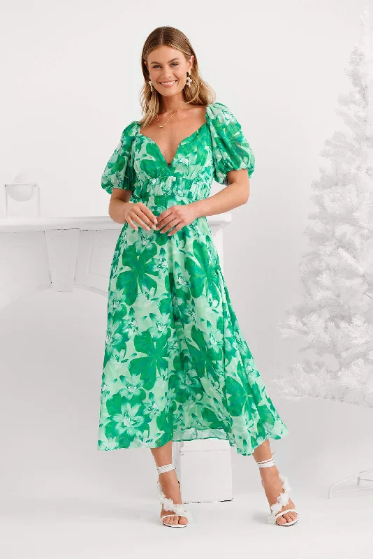 Midnight Madness Whitley Midi Dress In Green Floral Burnout Chiffon