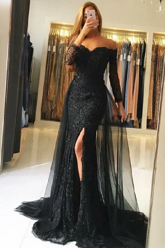 Weekend Special Black Tulle Mermaid Off-the-Shoulder Long Sleeves Prom Dresses with Lace Sequins Weekend Special Black Tulle Mermaid Off-the-Shoulder Long Sleeves Prom Dresses with Lace Sequins