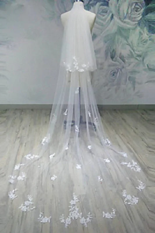 Stock Up and Save Two-tier Cut Edge Wedding Veil Tulle Applique Chapel Veils
