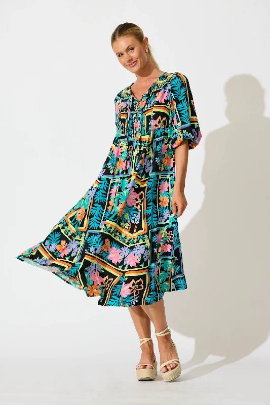 Lowest Prices Devana Midi Smock  Dress In Black Multi Print