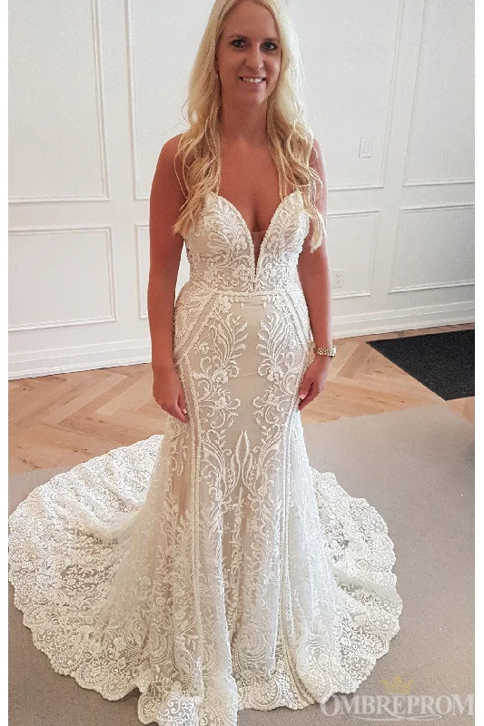 Savings Alert Mermaid Bridal Gown Spaghetti Straps Backless Lace Wedding Dresses