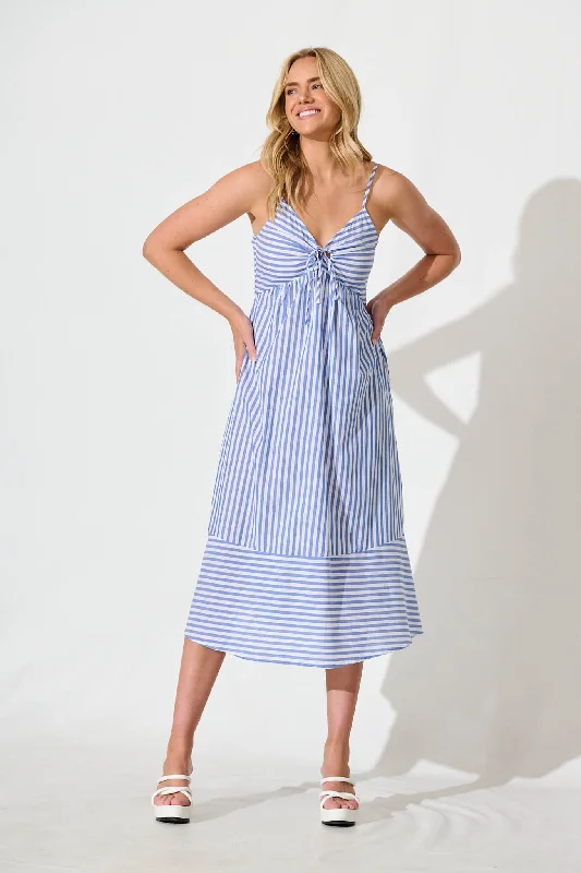 Hurry In Miramar Midi Dress in Blue and White Stripe Cotton
