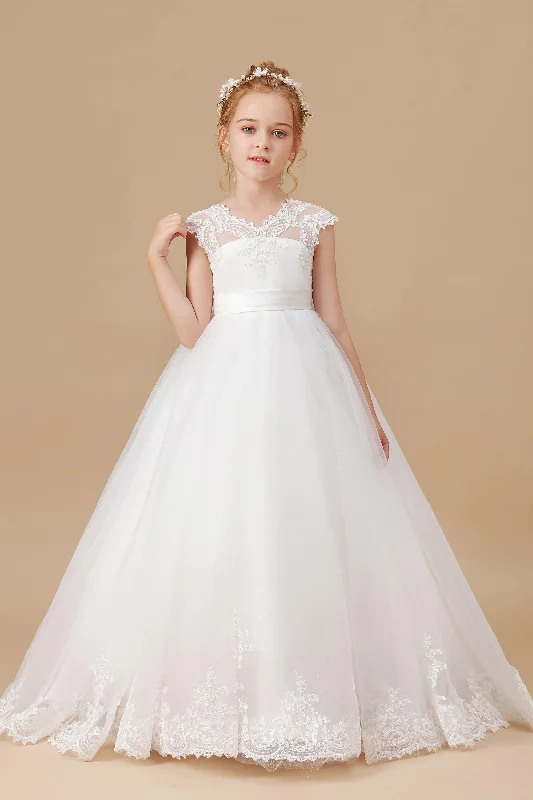 Big Discounts Ivory Floor-length V-neck Lace Tulle Satin Flower Girl Dresses