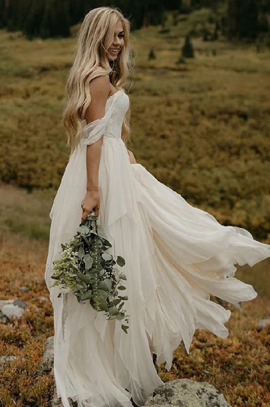 Midnight Madness Off Shoulder Chiffon Sweetheart Floor Length Lace Wedding Dresses