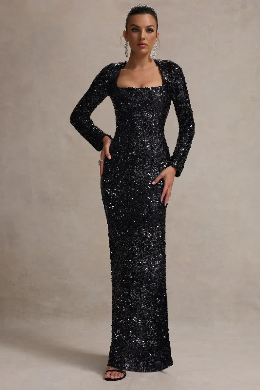Don't Wait My Dream | Black Sequin Square-Neck Long-Sleeve Maxi Dress