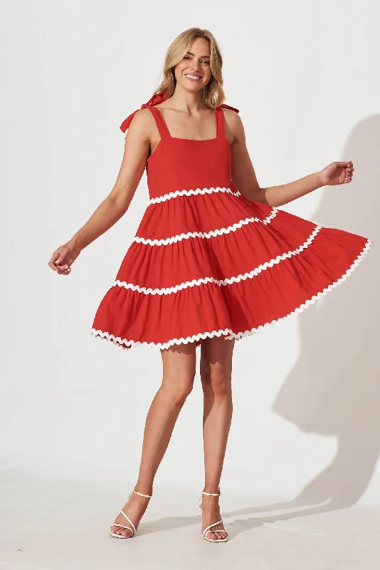 Price Break Claus Dress In Red With White Ric Rac Trim Cotton