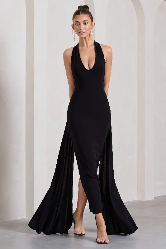 Shop and Save Veronica | Black Plunge Sleeveless Open-Back Maxi Dress With Drape Detail