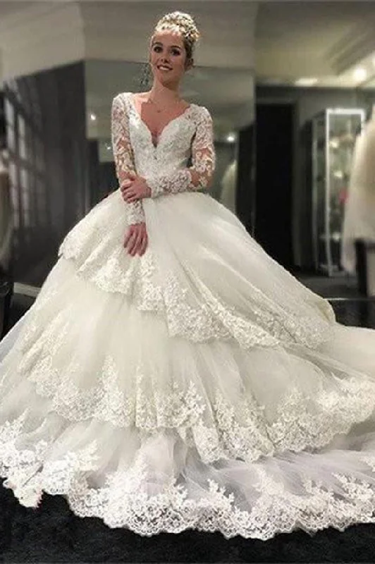 Overstock Gorgeous Deep V Neck Long Sleeves Lace Appliques Wedding Dresses