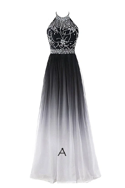 Special Buy Elegant Black And White Ombre Chiffon A Line Backless Halter Beading Lace Up Long Prom Dresses