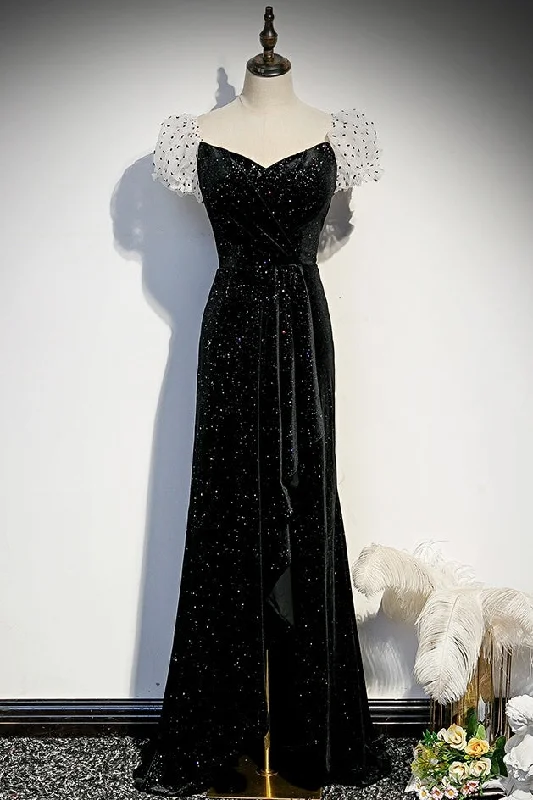 Deal Mania Vintage Formal Black Lace Up Sheath Long Prom Dresses With Sleeves