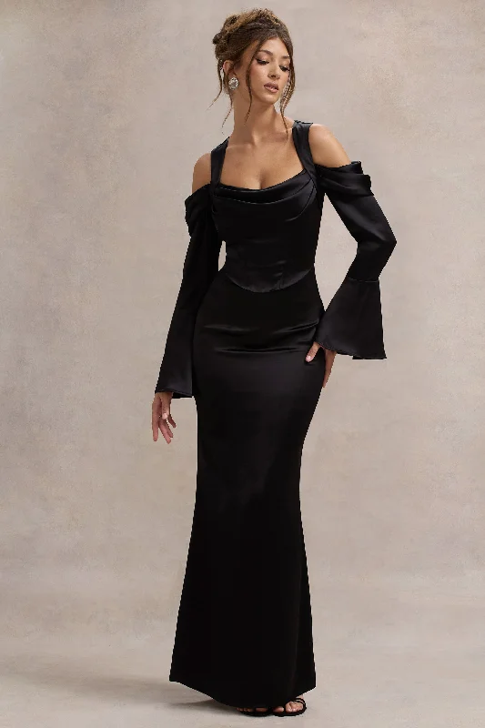 Season Finale Sale Heartthrob | Black Satin Draped Bardot Maxi Dress