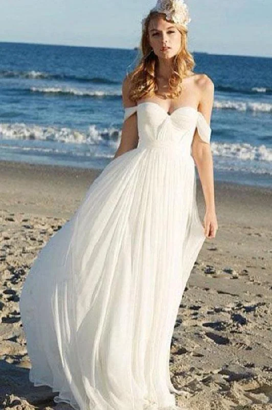 Incredible Offers Flowy Unique Ivory Chiffon Off The Shoulder Lace Up Beach Wedding Dresses