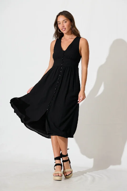 Bonus Savings Ryland Midi Dress in Black Linen Cotton