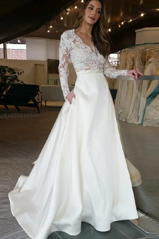 Limited Time Sexy Long Sleeve See Through V-neck Lace Appliques Wedding Dresses
