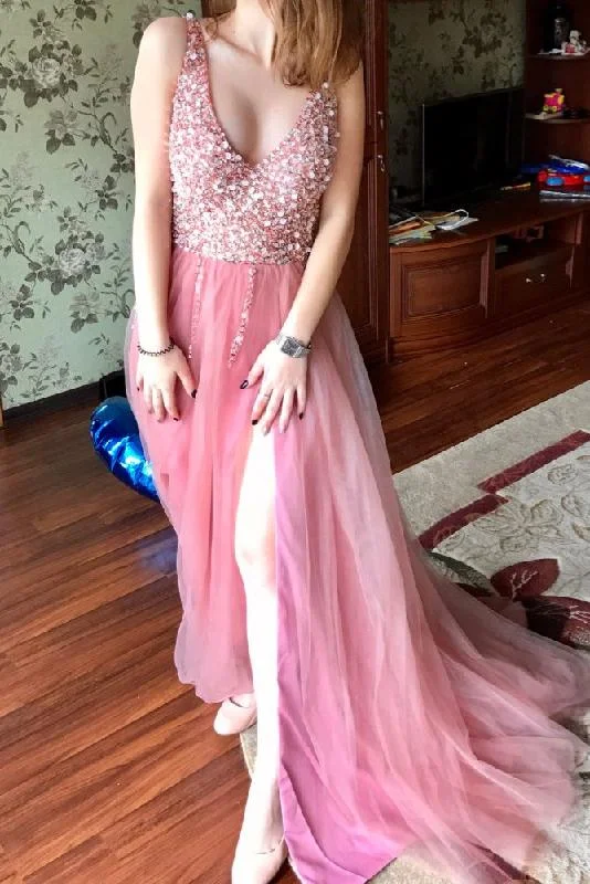 Discount Days Beautiful Sleeveless Blush Pink V Neck Long Prom Dresses