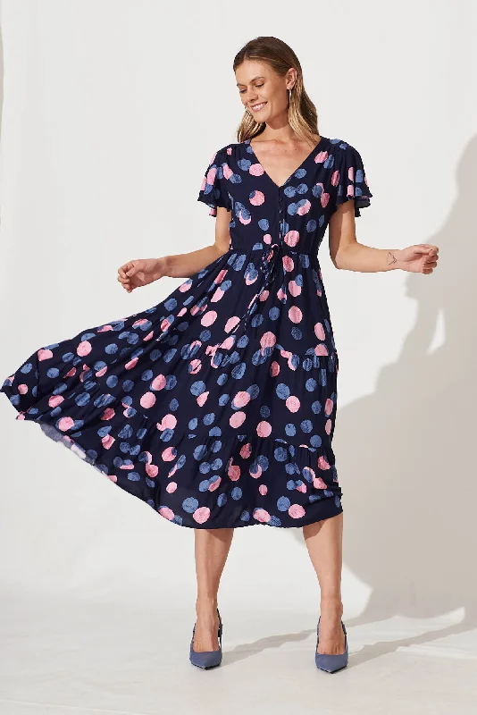 Value Deals Saturday Midi Dress In Navy With Pink And Blue Spot