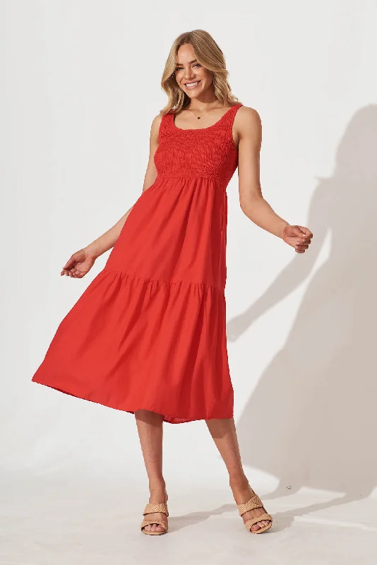Super Deal Caribbean Midi Dress In Red Cotton Linen